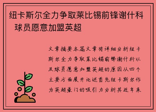 纽卡斯尔全力争取莱比锡前锋谢什科  球员愿意加盟英超